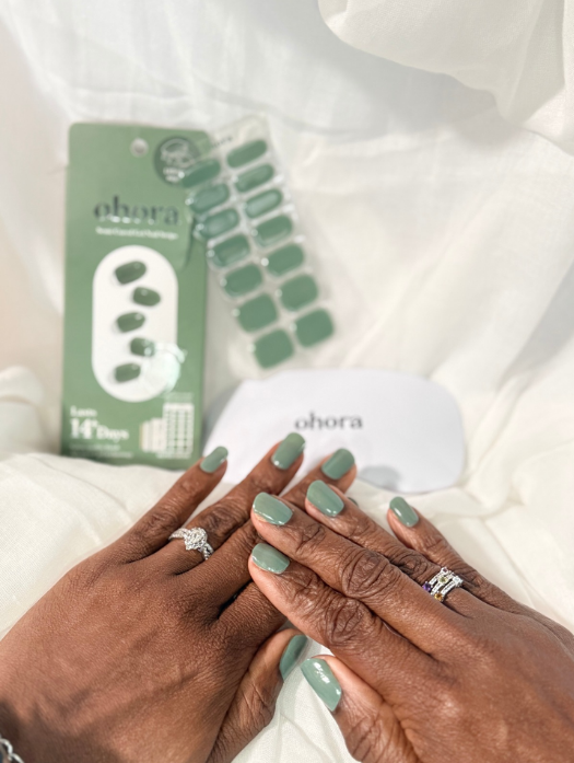 ohora semi-cured gel nail strips — sage green manicure